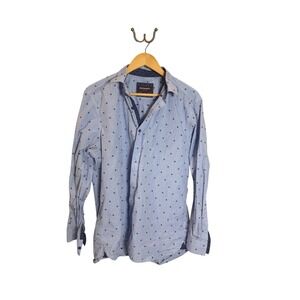 Johnston & Murphy Men's Size L Blue Red Button Down Shirt Flip Cuff Embroidered